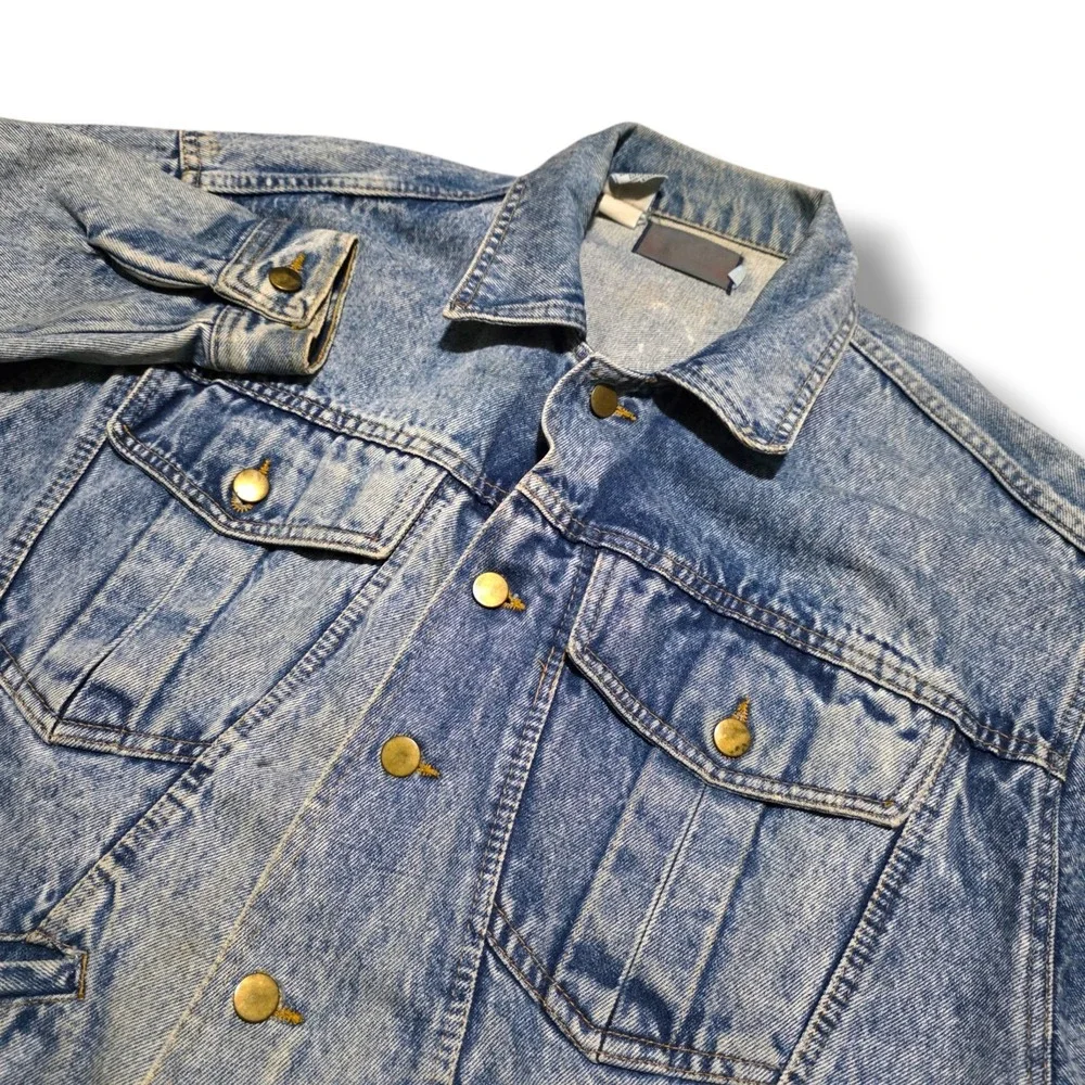 Vintage 80s Blue Denim Trucker Jacket Mens Medium Light Stone Acid Wash Jean